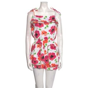 MANOUSH WHITE AND PINK FLORAL SQUARE NECK RUFFLE ROMPER